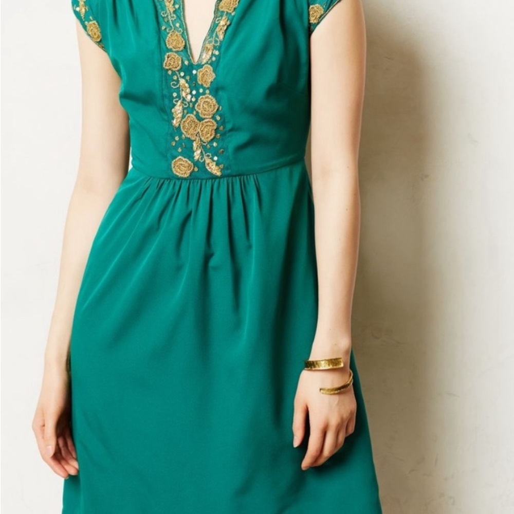Anthropologie Green Embroidered Dress